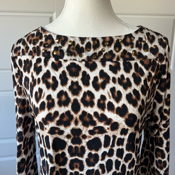 Leopard Print Dress with Gold Studded Neckline Animal Print Mini Dress Petite M - Picture 2 of 6